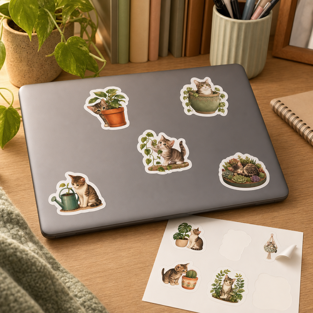 Cats and Houseplants sticker sheet with cute cat stickers applied to a laptop lid on a study desk