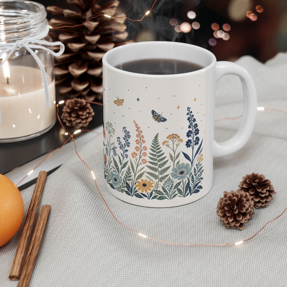 Moonlit Botanical Ceramic Mug in a warm evening drink setting