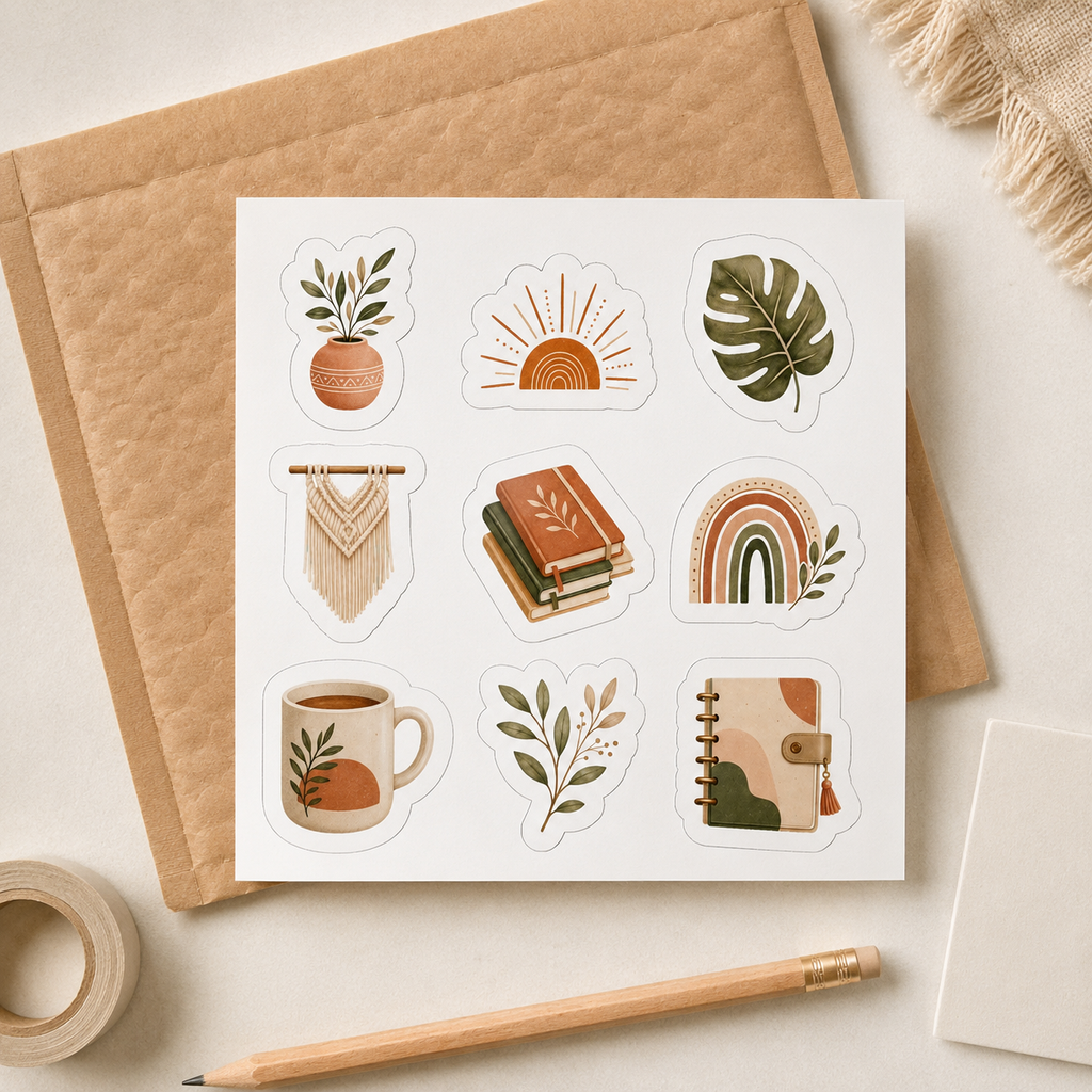 Boho Plant Sticker Sheet, Set of 9 Kiss-Cut Vinyl Stickers, 6x6 Botanical Stickers