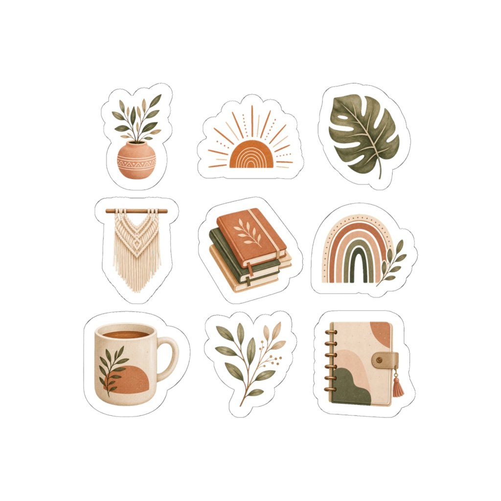 Boho Plant Sticker Sheet, Set of 9 Kiss-Cut Vinyl Stickers, 6x6 Botanical Stickers