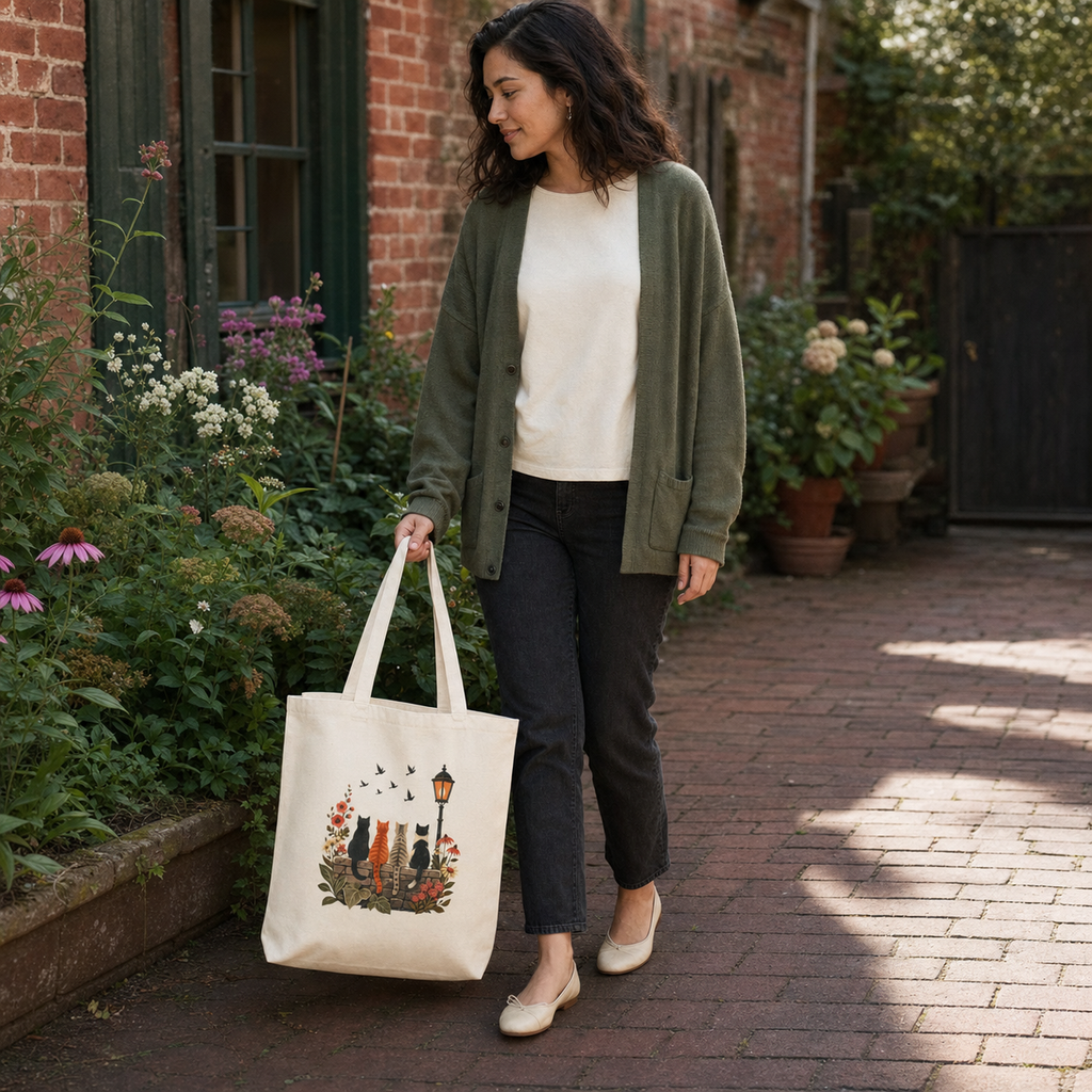 Woman walking through a garden courtyard carrying Cat Garden tote Side A by the handles