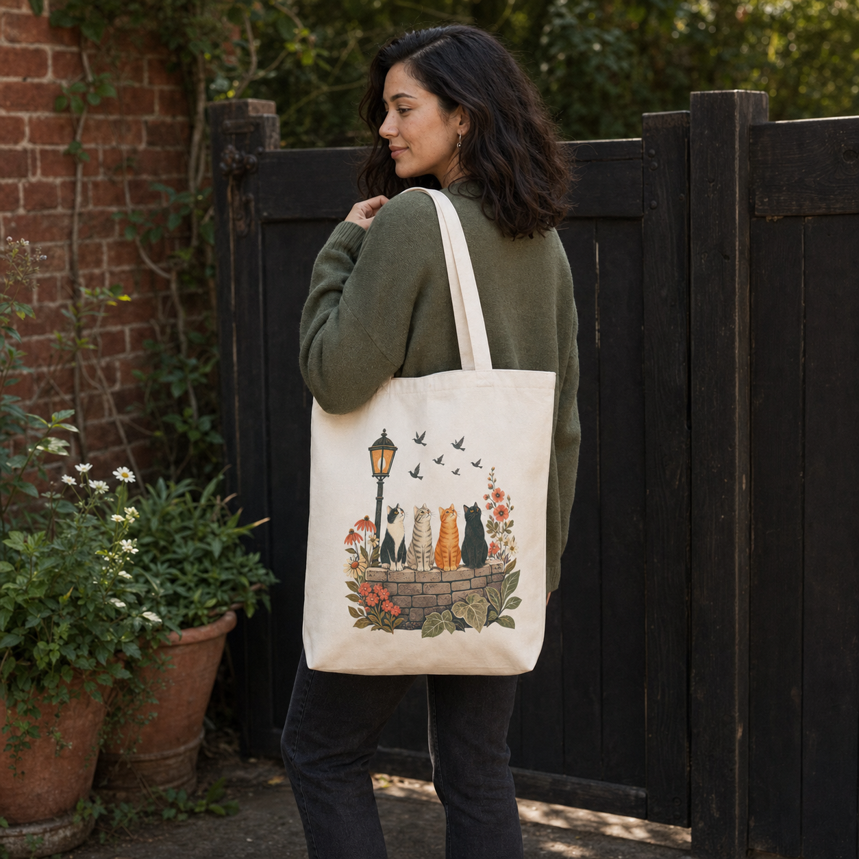 Same woman in a different over-shoulder pose showing Cat Garden tote Side B