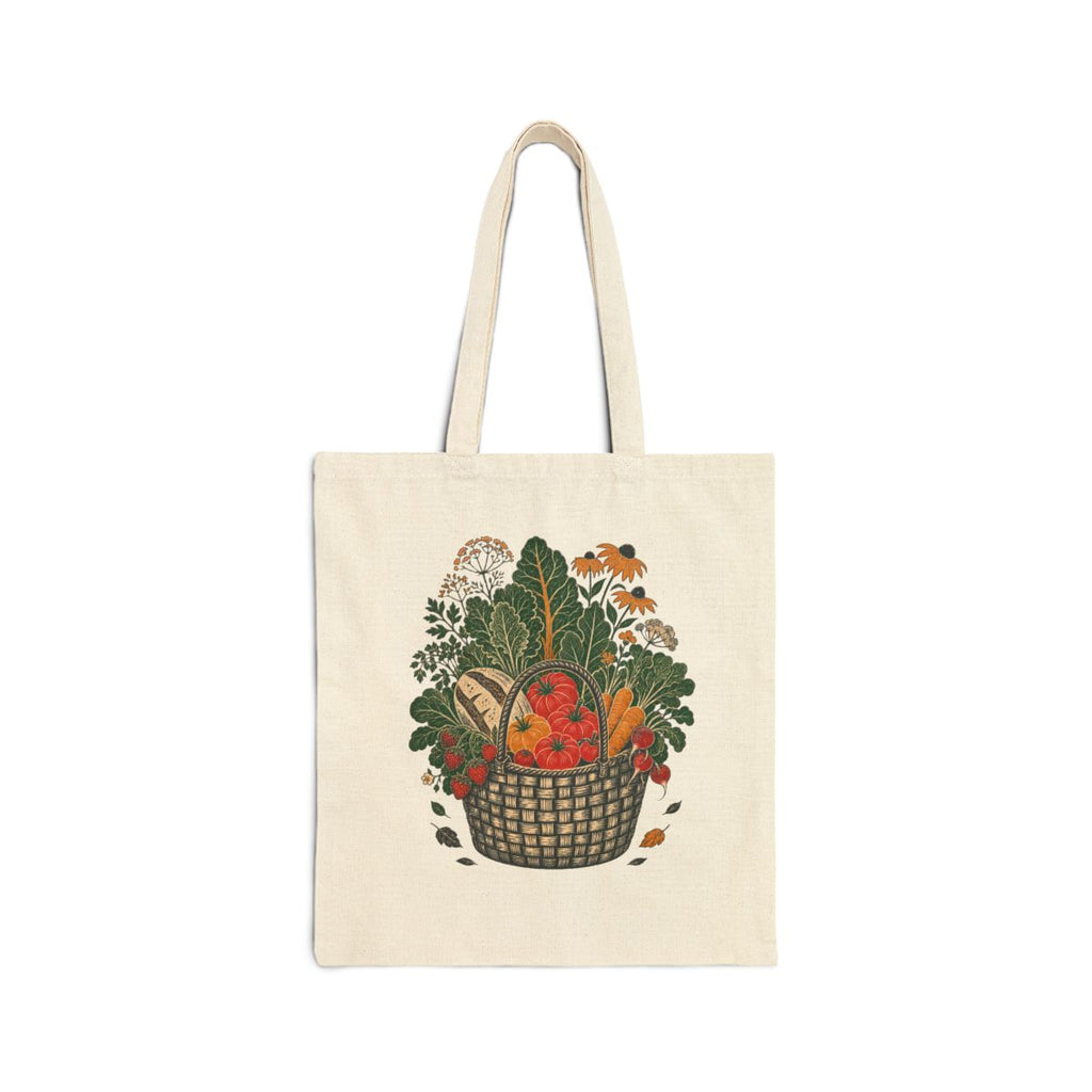 Side A of natural canvas tote with original farmers-market basket, produce, flowers, and bread artwork