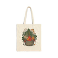 Side A of natural canvas tote with original farmers-market basket, produce, flowers, and bread artwork