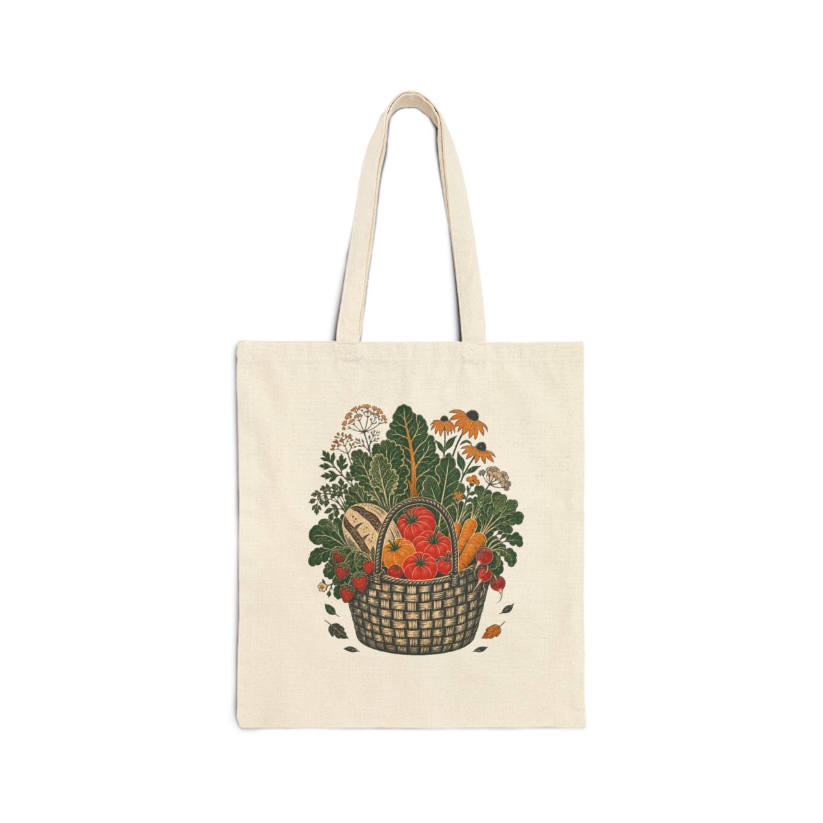 Side A of natural canvas tote with original farmers-market basket, produce, flowers, and bread artwork