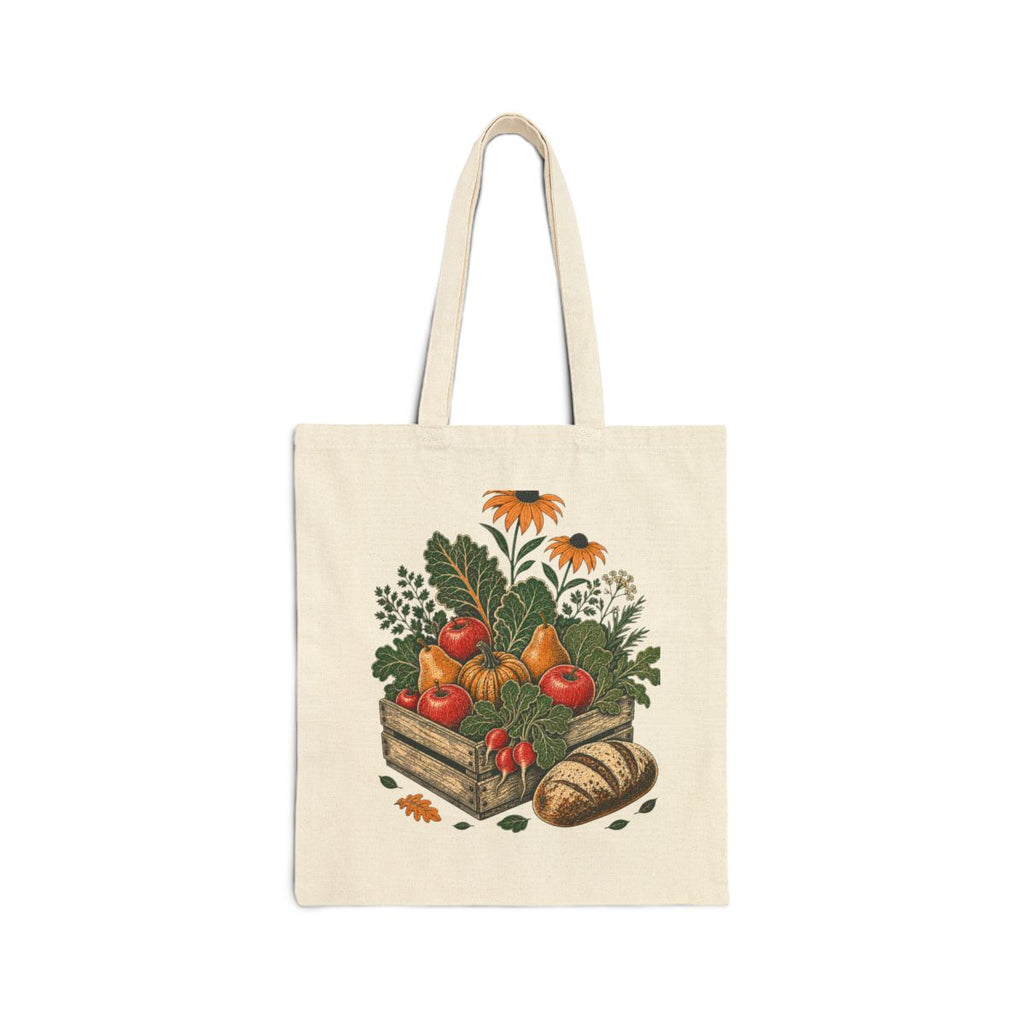 Side B of natural canvas tote with distinct produce crate, fruit, herbs, flowers, radishes, squash, and bread artwork
