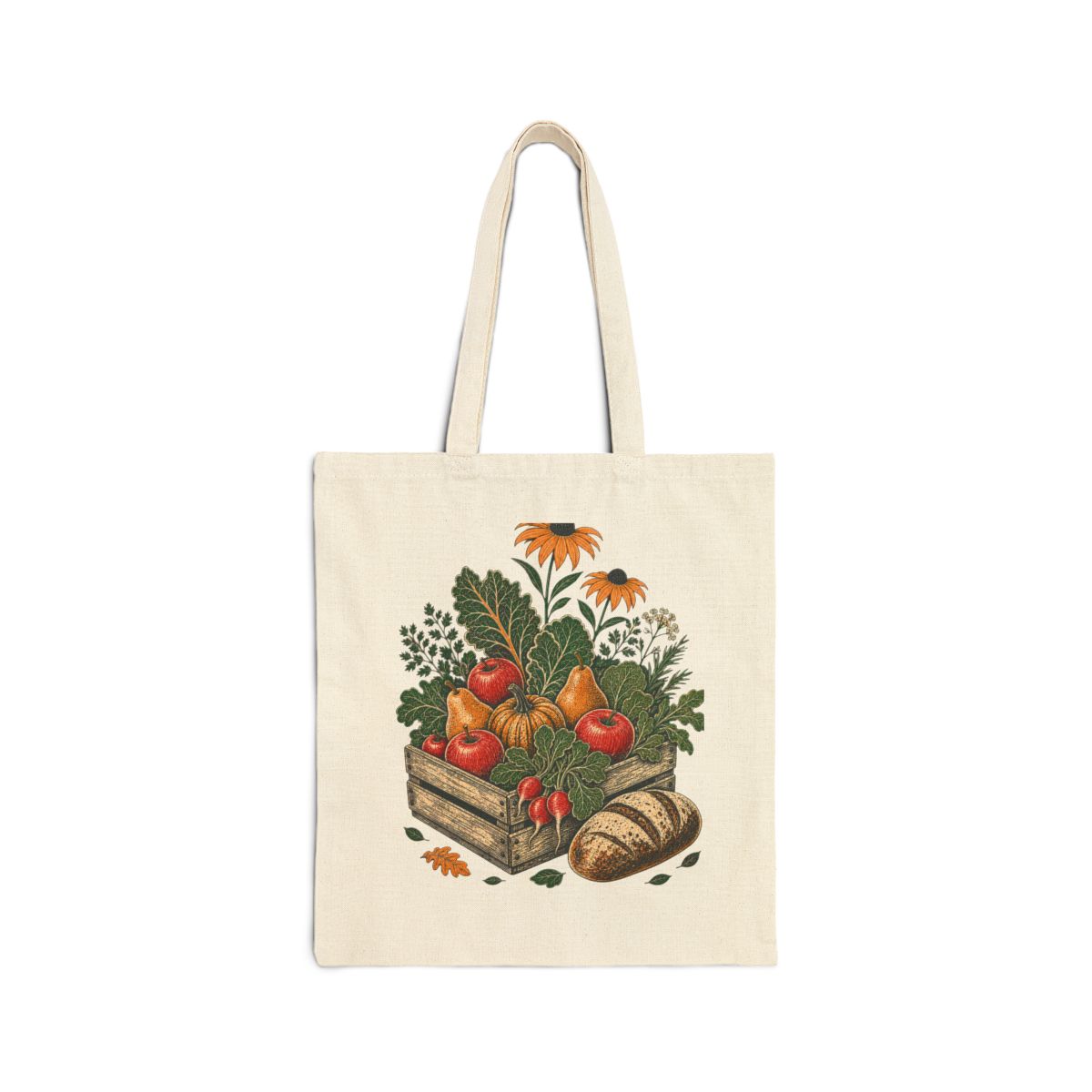 Side B of natural canvas tote with distinct produce crate, fruit, herbs, flowers, radishes, squash, and bread artwork