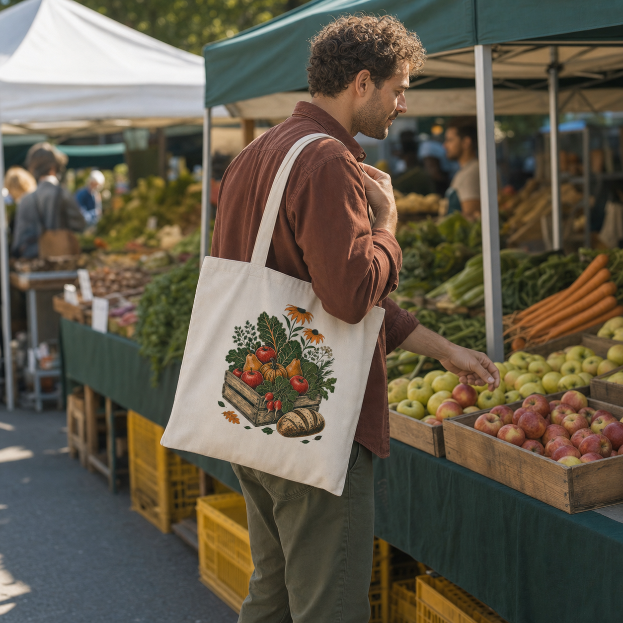 Same man in a different shoulder-carry pose showing Farmers Market tote Side B