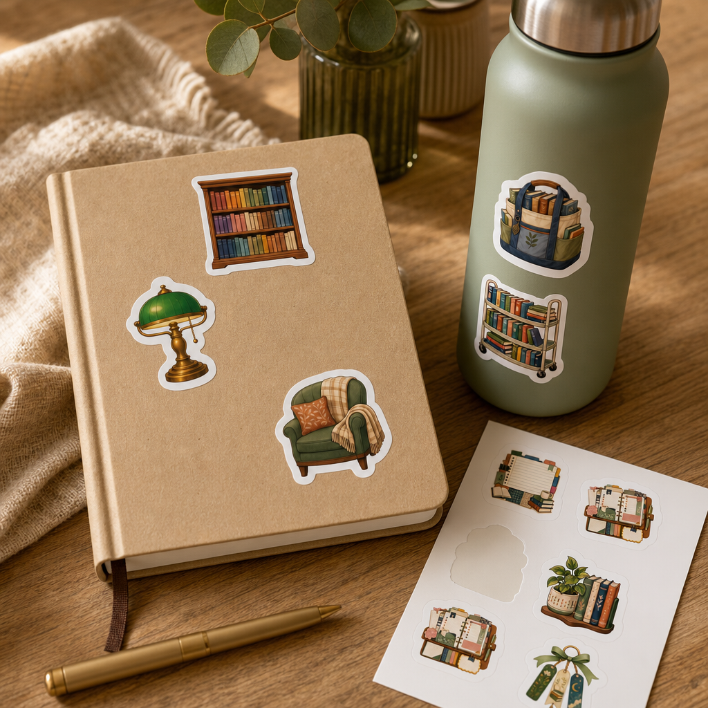 Bookish Reading Sticker Sheets Bookish Reading Sticker Sheets - Sheet 05 - Library Day stickers styling a journal cover and water bottle