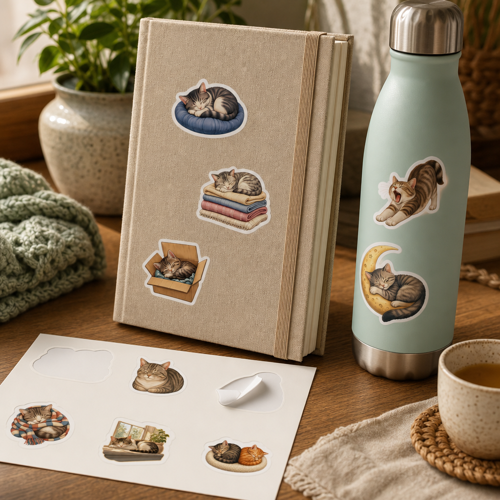 Cat Lover Sticker Sheets Cat Lover Sticker Sheets - Sheet 01 - Cozy Napping Cats stickers styling a journal cover and water bottle