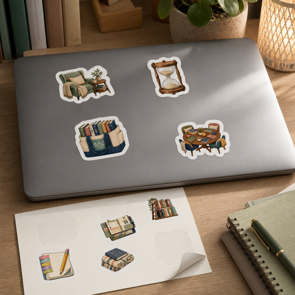 Teacher Planner Sticker Sheets Teacher Planner Sticker Sheets - Sheet 04 - Study Session Desk stickers applied to a laptop lid on a study desk