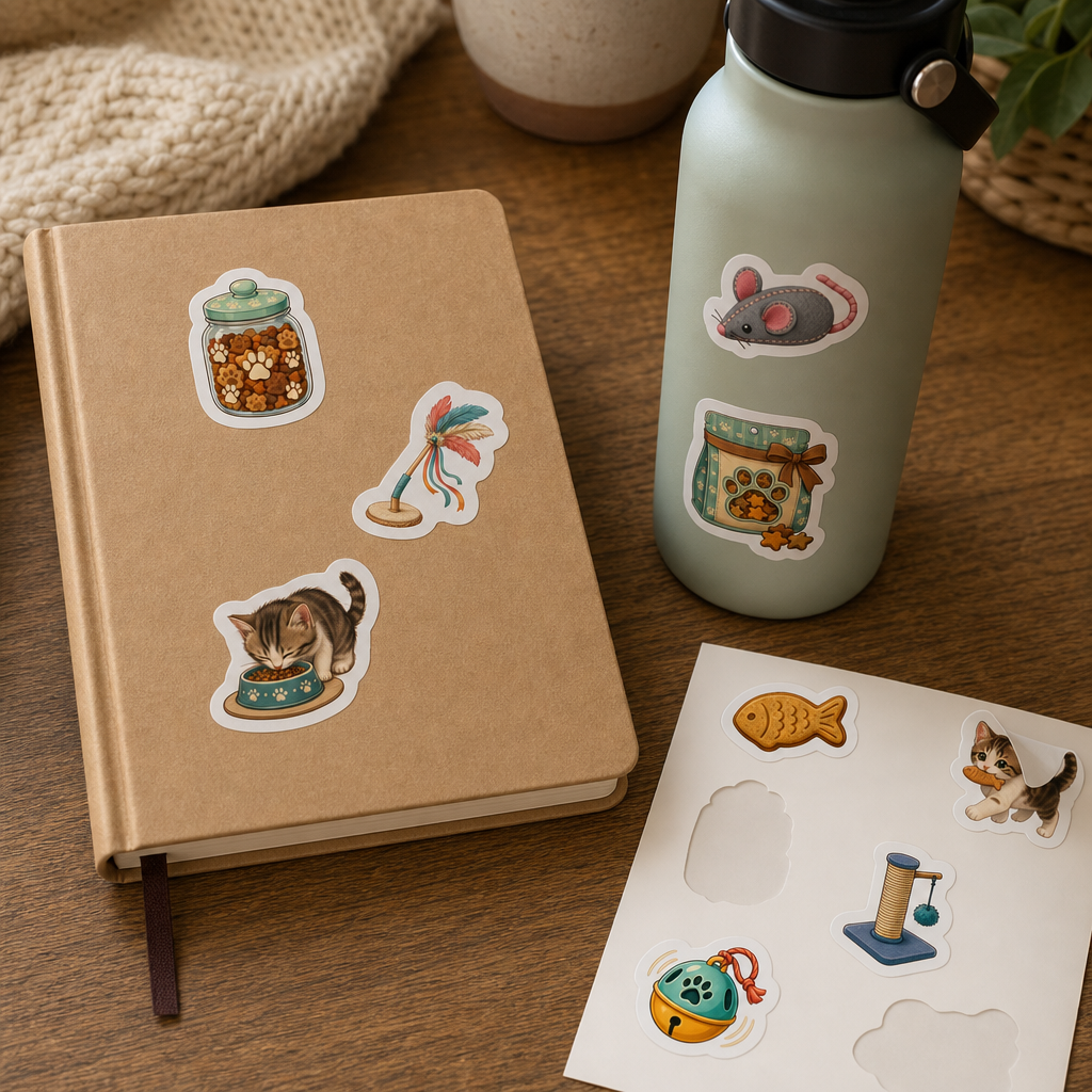 Cat Lover Sticker Sheets Cat Lover Sticker Sheets - Sheet 10 - Cat Treats And Toys stickers styling a journal cover and water bottle