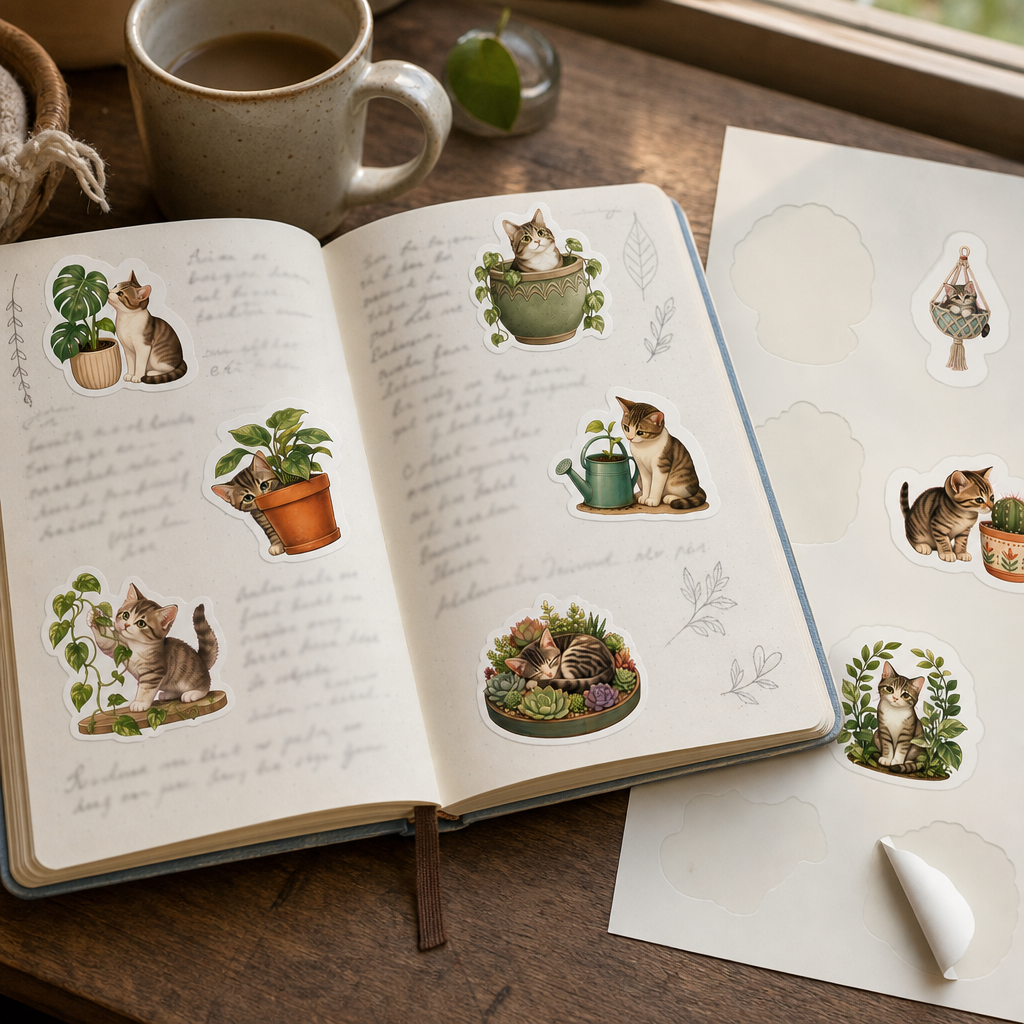Cat Lover Sticker Sheets Cat Lover Sticker Sheets - Sheet 04 - Cats And Houseplants stickers decorating a handwritten journal spread
