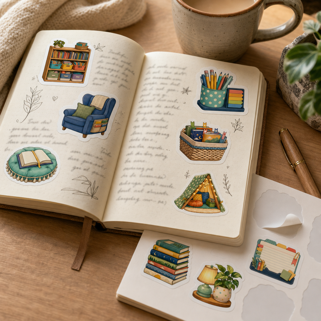 Bookish Reading Sticker Sheets Bookish Reading Sticker Sheets - Sheet 08 - Classroom Reading Corner stickers decorating a handwritten journal spread