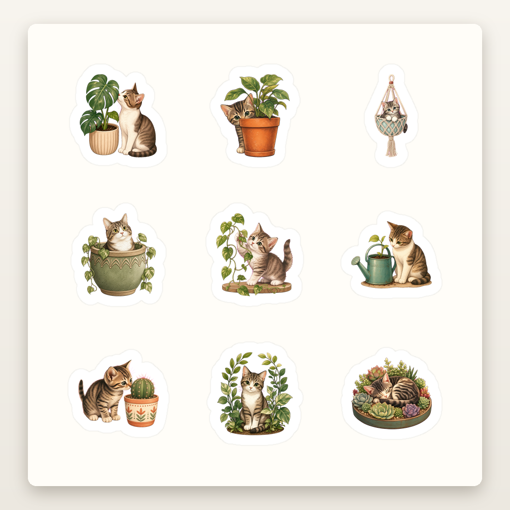 Cat Lover Sticker Sheets - Sheet 04 - Cats And Houseplants