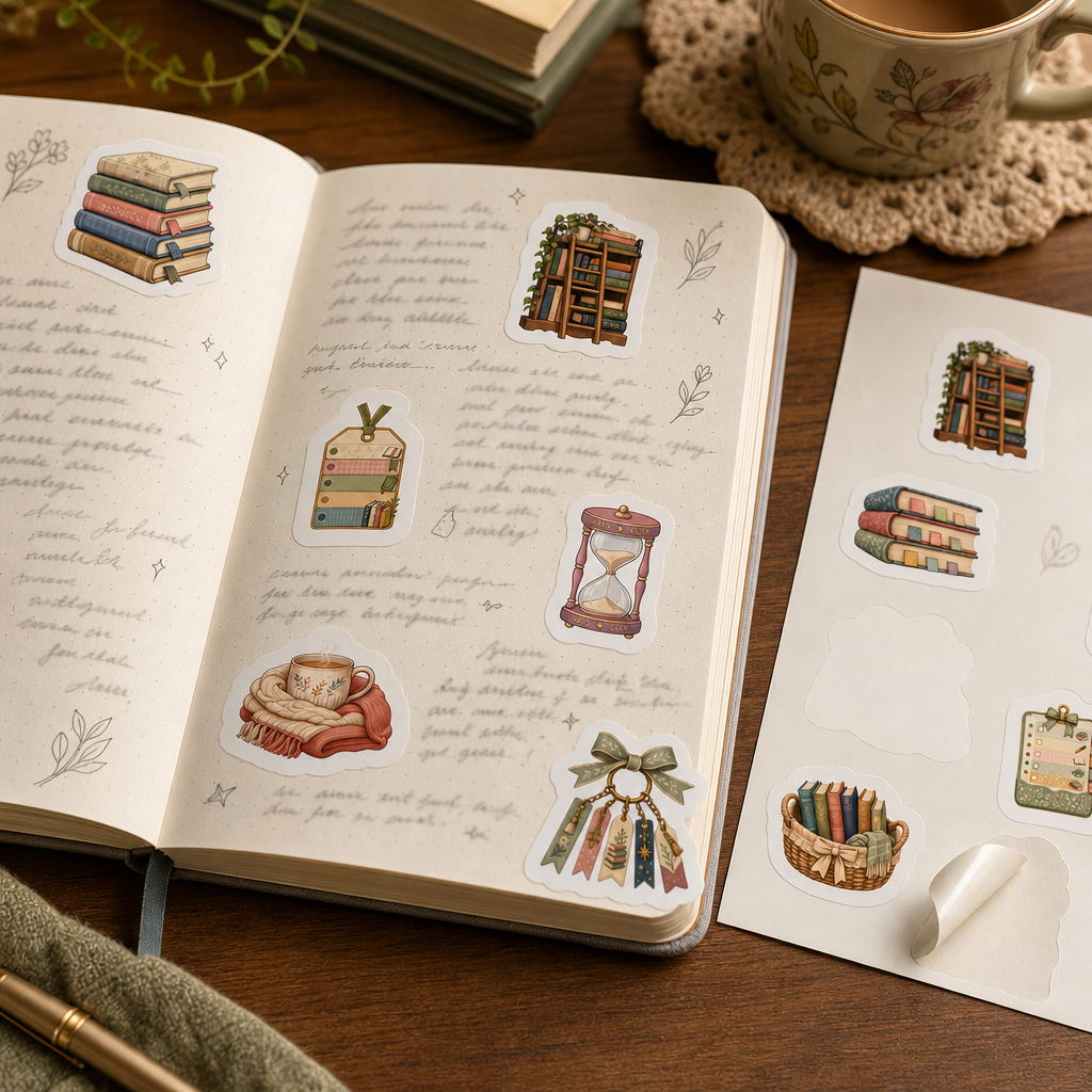 Bookish Reading Sticker Sheets Bookish Reading Sticker Sheets - Sheet 06 - Tbr Shelf stickers decorating a handwritten journal spread