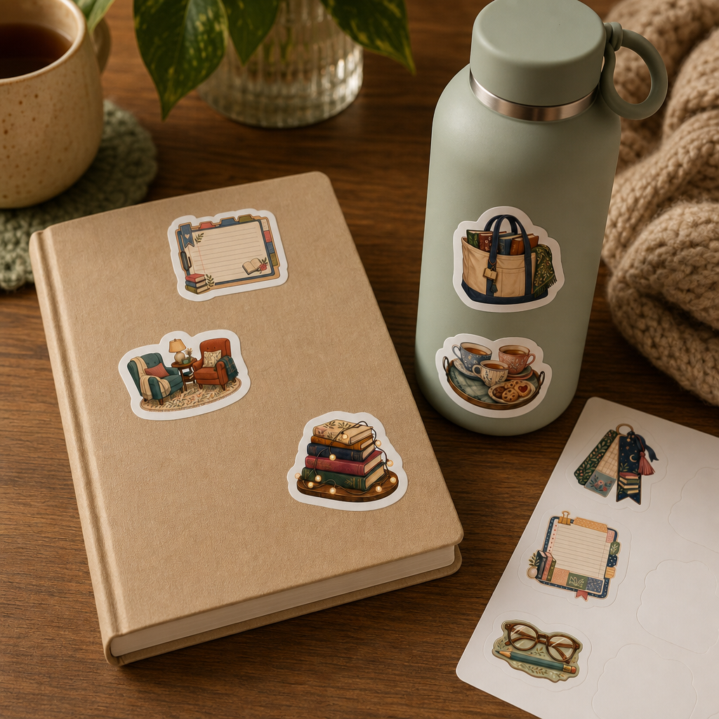Bookish Reading Sticker Sheets Bookish Reading Sticker Sheets - Sheet 10 - Book Club Night stickers styling a journal cover and water bottle