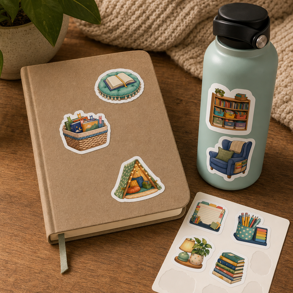 Bookish Reading Sticker Sheets Bookish Reading Sticker Sheets - Sheet 08 - Classroom Reading Corner stickers styling a journal cover and water bottle