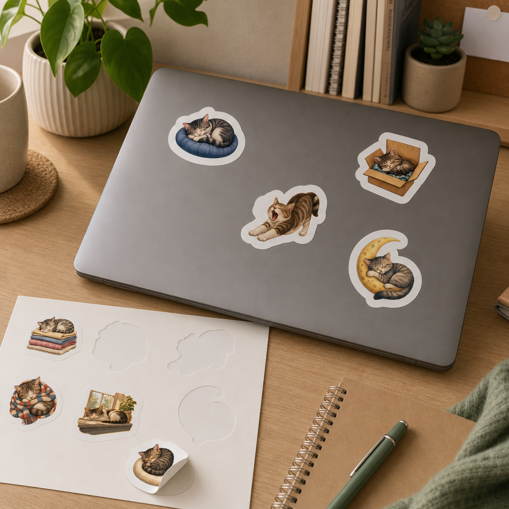 Cat Lover Sticker Sheets Cat Lover Sticker Sheets - Sheet 01 - Cozy Napping Cats stickers applied to a laptop lid on a study desk