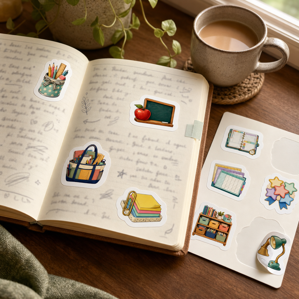 Bookish Reading Sticker Sheets Bookish Reading Sticker Sheets - Sheet 01 - Teacher Planner stickers decorating a handwritten journal spread