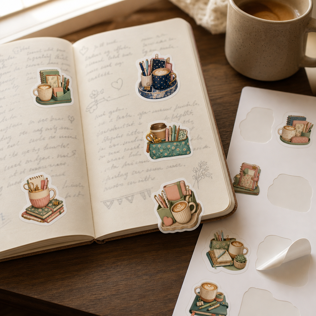 Teacher Planner Sticker Sheets Teacher Planner Sticker Sheets - Sheet 08 - Coffee And Stationery stickers decorating a handwritten journal spread