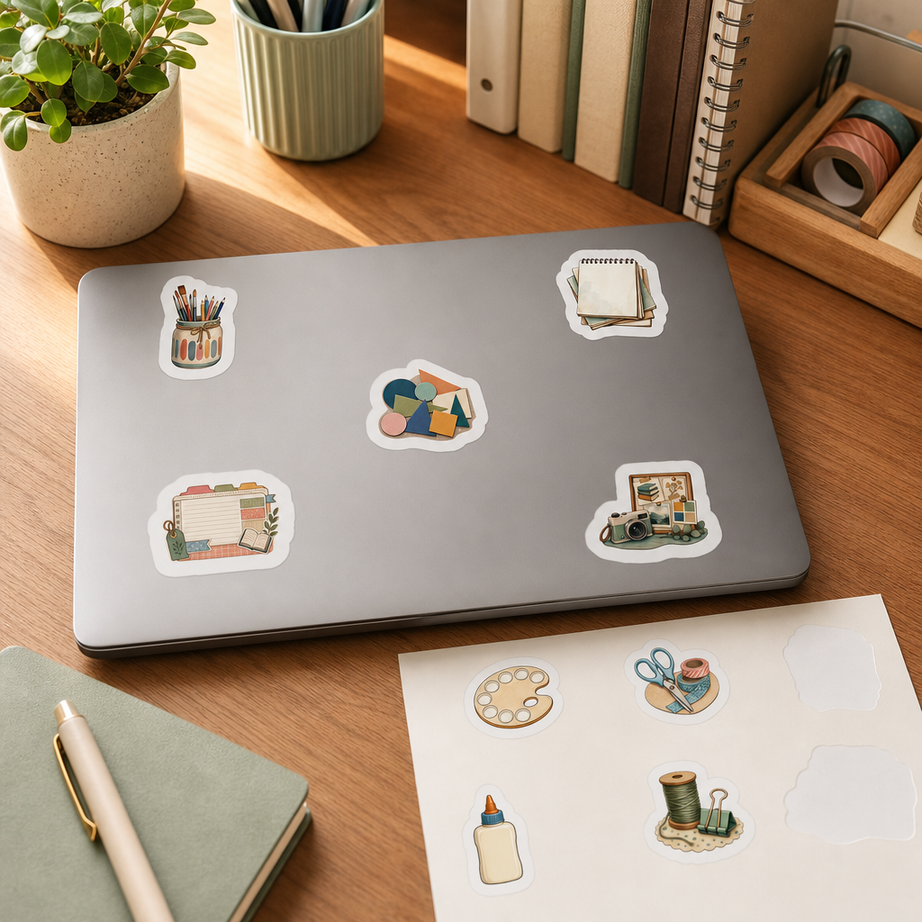 Bookish Reading Sticker Sheets Bookish Reading Sticker Sheets - Sheet 03 - Creative Project stickers applied to a laptop lid on a study desk