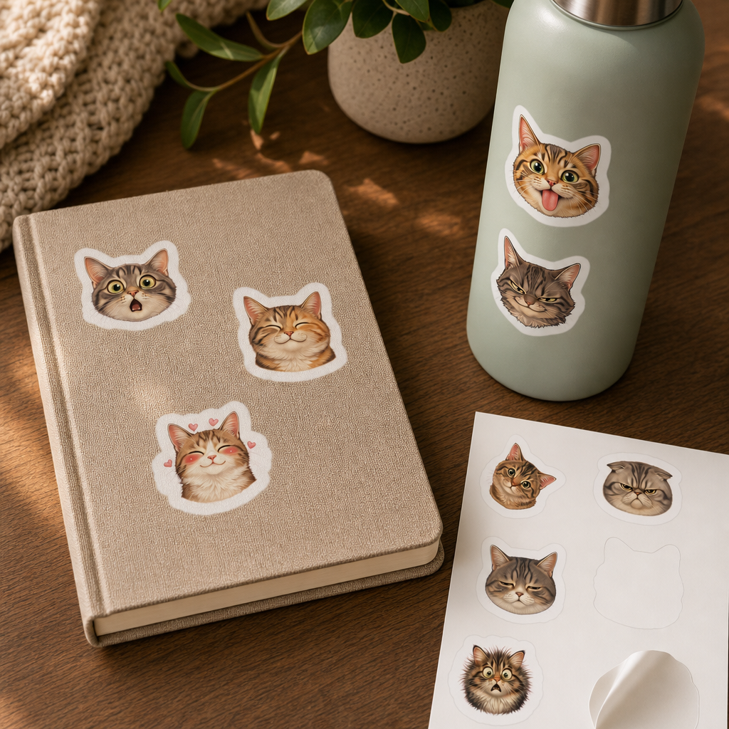 Cat Lover Sticker Sheets Cat Lover Sticker Sheets - Sheet 07 - Cat Expressions stickers styling a journal cover and water bottle