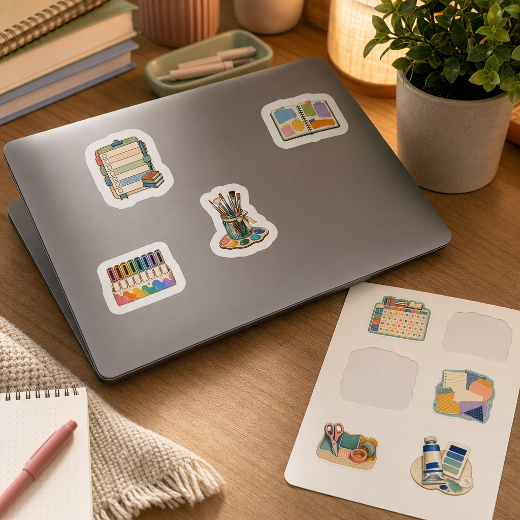 Teacher Planner Sticker Sheets Teacher Planner Sticker Sheets - Sheet 07 - To Do Checklists stickers applied to a laptop lid on a study desk