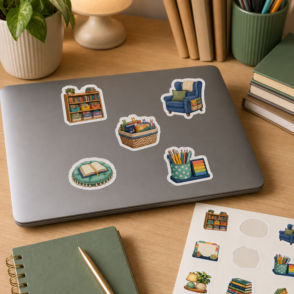 Bookish Reading Sticker Sheets Bookish Reading Sticker Sheets - Sheet 08 - Classroom Reading Corner stickers applied to a laptop lid on a study desk