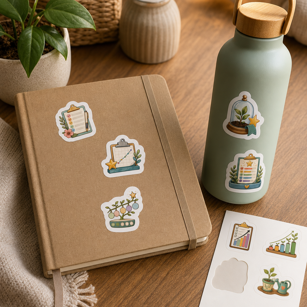 Teacher Planner Sticker Sheets Teacher Planner Sticker Sheets - Sheet 09 - Goal Tracking stickers styling a journal cover and water bottle