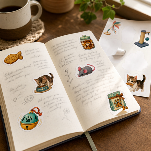 Cat Lover Sticker Sheets Cat Lover Sticker Sheets - Sheet 10 - Cat Treats And Toys stickers decorating a handwritten journal spread