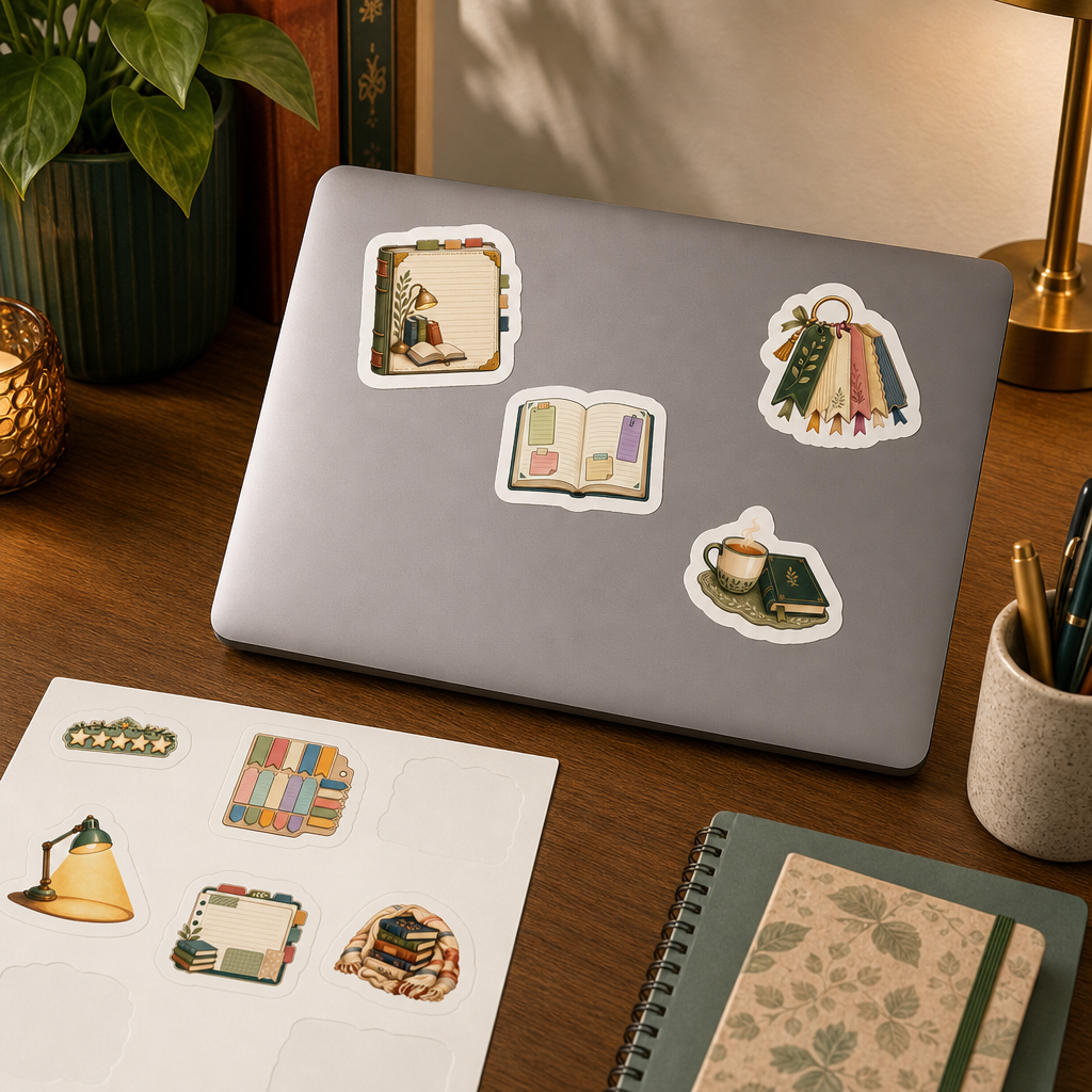 Bookish Reading Sticker Sheets Bookish Reading Sticker Sheets - Sheet 09 - Reading Journal stickers applied to a laptop lid on a study desk
