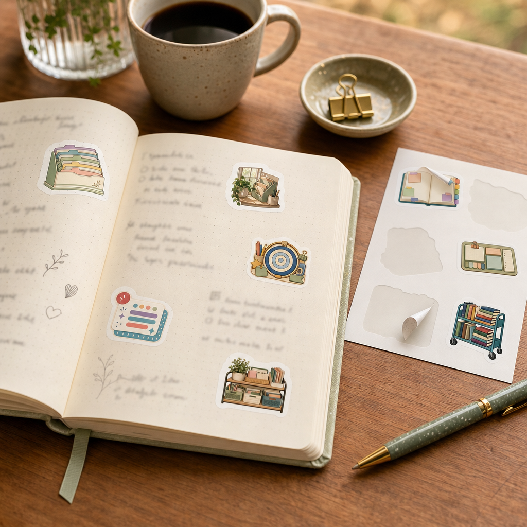 Teacher Planner Sticker Sheets Teacher Planner Sticker Sheets - Sheet 03 - Habit Tracker Icons stickers decorating a handwritten journal spread