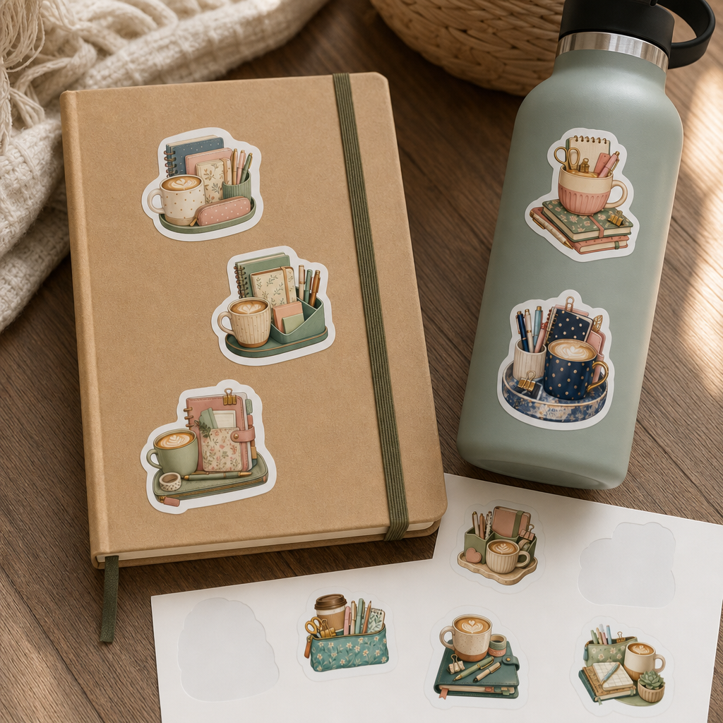 Teacher Planner Sticker Sheets Teacher Planner Sticker Sheets - Sheet 08 - Coffee And Stationery stickers styling a journal cover and water bottle
