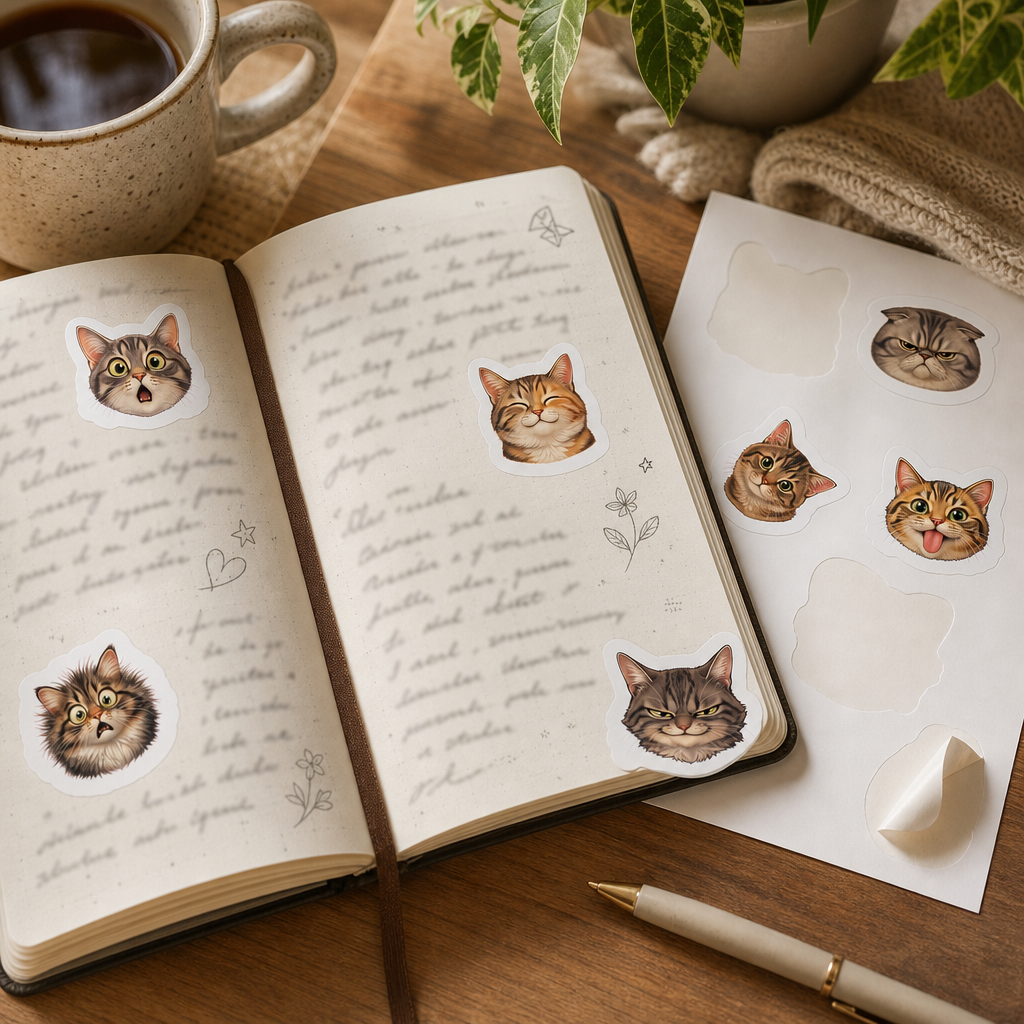 Cat Lover Sticker Sheets Cat Lover Sticker Sheets - Sheet 07 - Cat Expressions stickers decorating a handwritten journal spread
