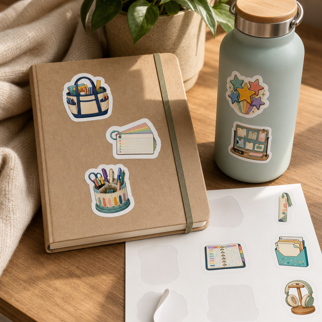 Teacher Planner Sticker Sheets Teacher Planner Sticker Sheets - Sheet 02 - Weekly Planner Spread stickers styling a journal cover and water bottle