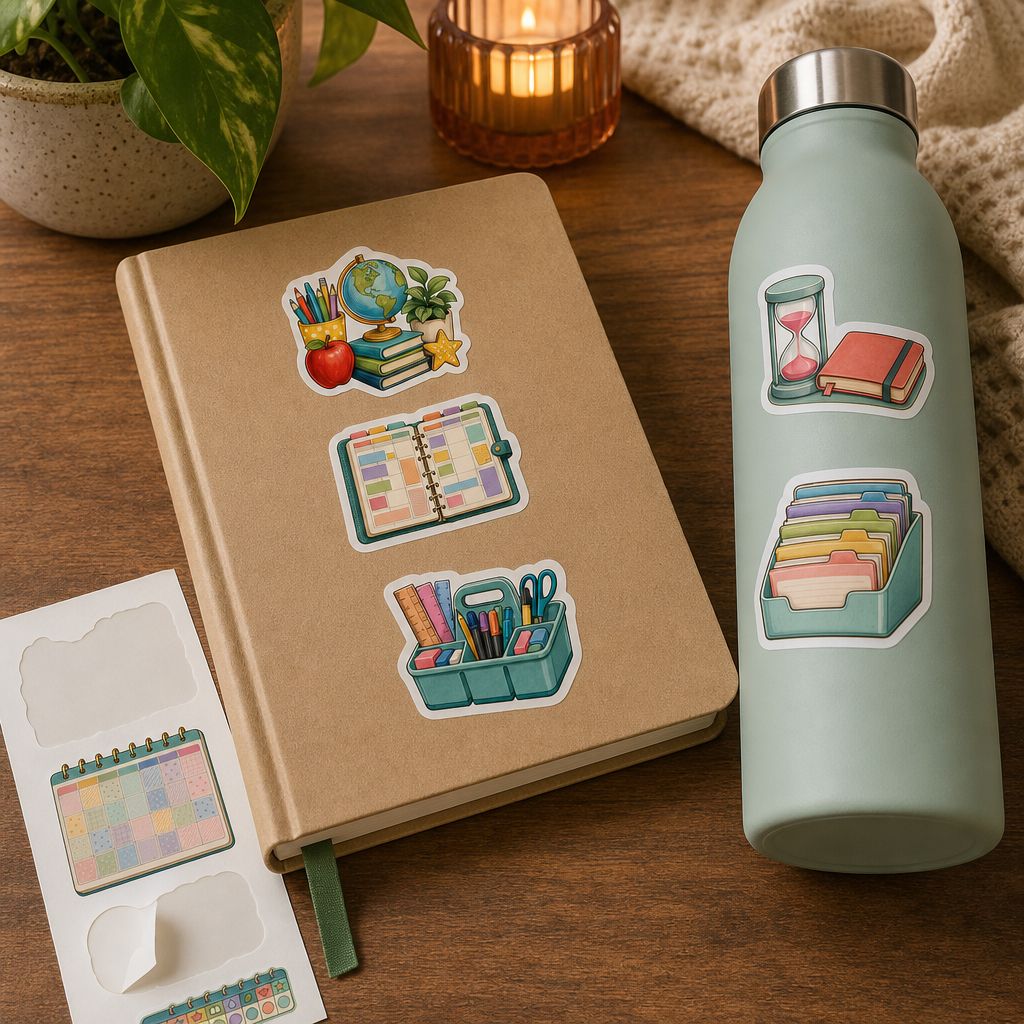 Teacher Planner Sticker Sheets Teacher Planner Sticker Sheets - Sheet 01 - Teacher Classroom Essentials stickers styling a journal cover and water bottle