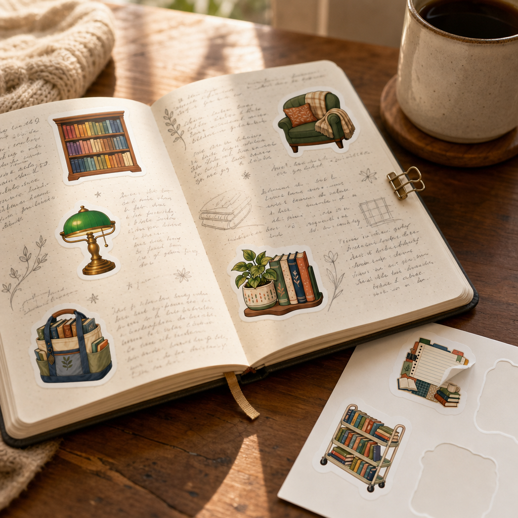 Bookish Reading Sticker Sheets Bookish Reading Sticker Sheets - Sheet 05 - Library Day stickers decorating a handwritten journal spread
