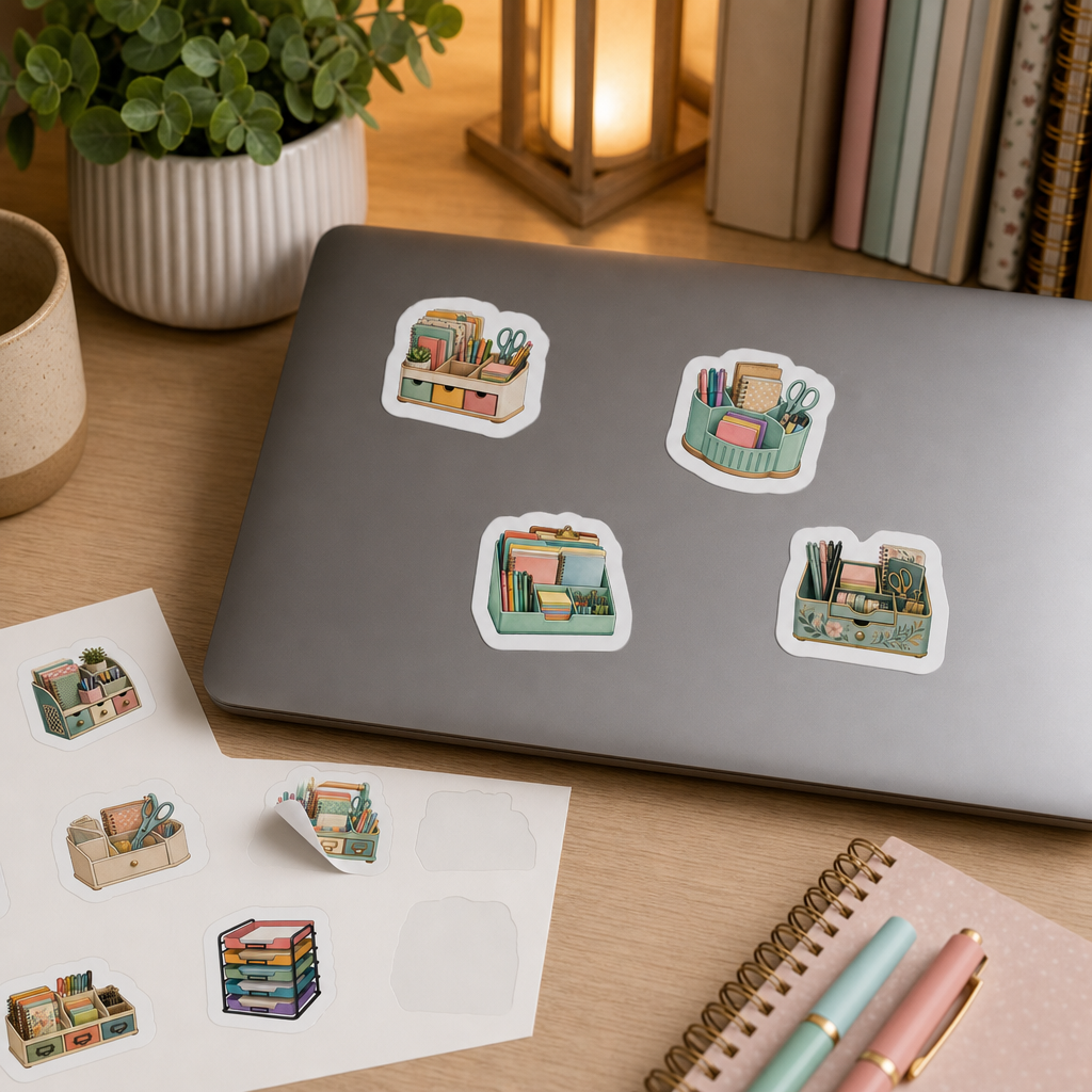 Teacher Planner Sticker Sheets Teacher Planner Sticker Sheets - Sheet 10 - Desk Organization stickers applied to a laptop lid on a study desk