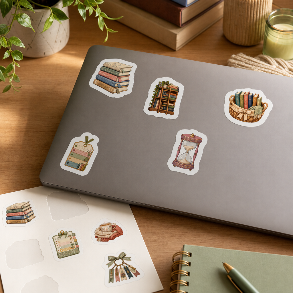 Bookish Reading Sticker Sheets Bookish Reading Sticker Sheets - Sheet 06 - Tbr Shelf stickers applied to a laptop lid on a study desk