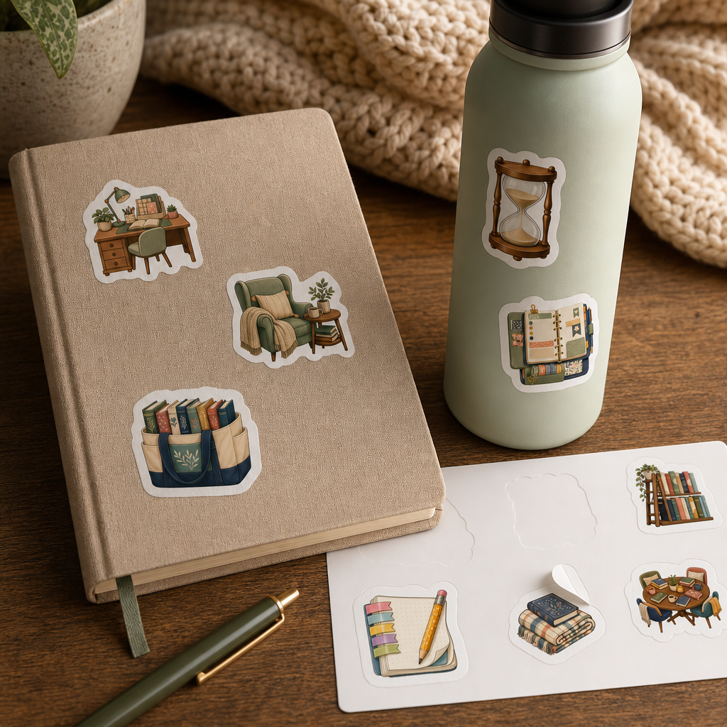 Teacher Planner Sticker Sheets Teacher Planner Sticker Sheets - Sheet 04 - Study Session Desk stickers styling a journal cover and water bottle
