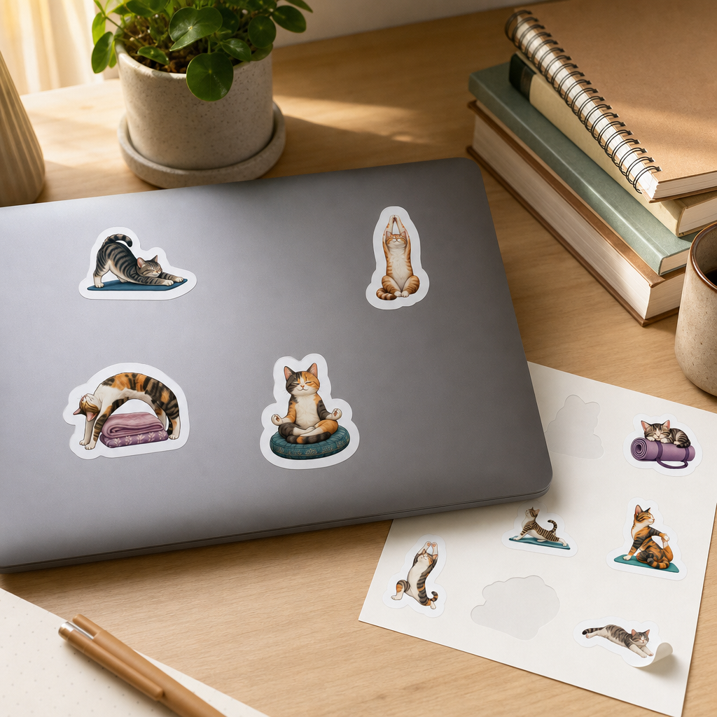 Cat Lover Sticker Sheets Cat Lover Sticker Sheets - Sheet 05 - Cat Yoga Stretches stickers applied to a laptop lid on a study desk