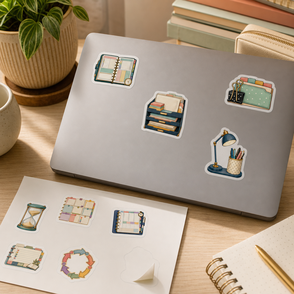 Bookish Reading Sticker Sheets Bookish Reading Sticker Sheets - Sheet 04 - Happy Planner stickers applied to a laptop lid on a study desk