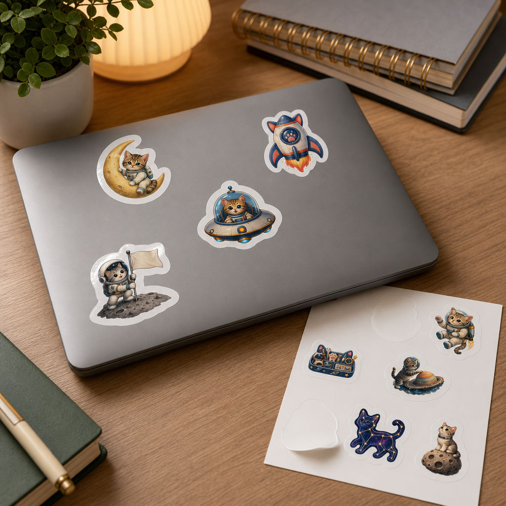 Cat Lover Sticker Sheets Cat Lover Sticker Sheets - Sheet 06 - Space Explorer Cats stickers applied to a laptop lid on a study desk
