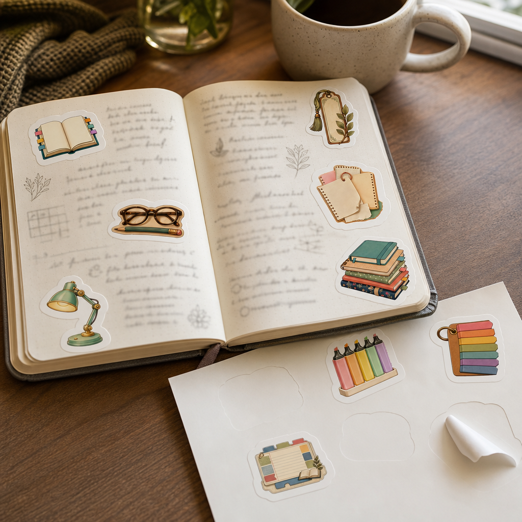 Bookish Reading Sticker Sheets Bookish Reading Sticker Sheets - Sheet 07 - Annotated Reads stickers decorating a handwritten journal spread