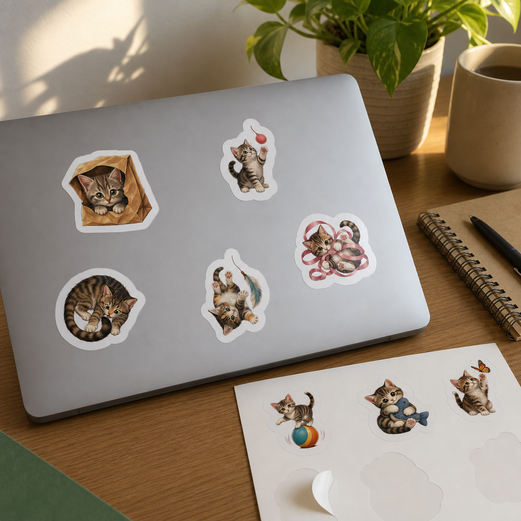 Cat Lover Sticker Sheets Cat Lover Sticker Sheets - Sheet 02 - Playful Kittens stickers applied to a laptop lid on a study desk