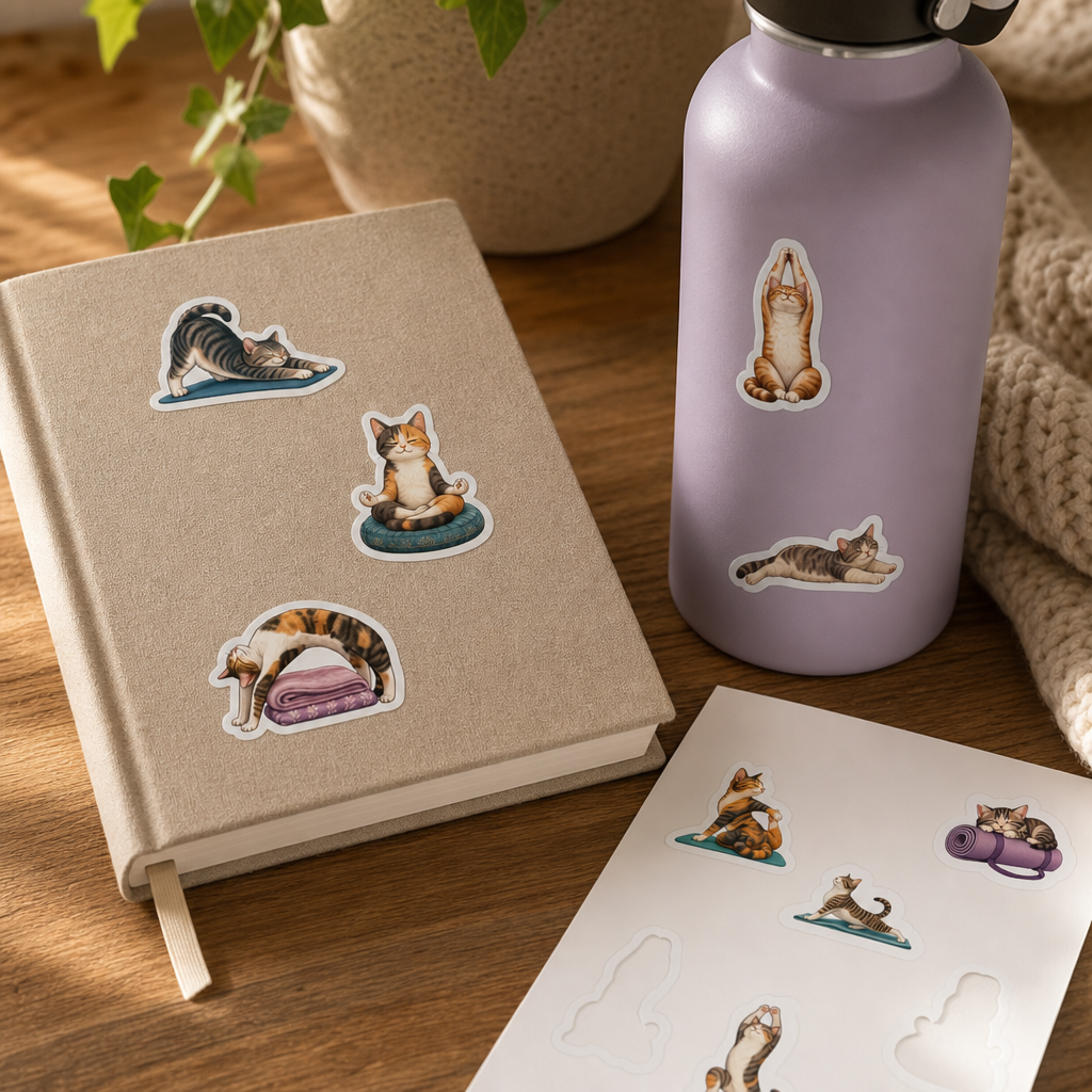 Cat Lover Sticker Sheets Cat Lover Sticker Sheets - Sheet 05 - Cat Yoga Stretches stickers styling a journal cover and water bottle