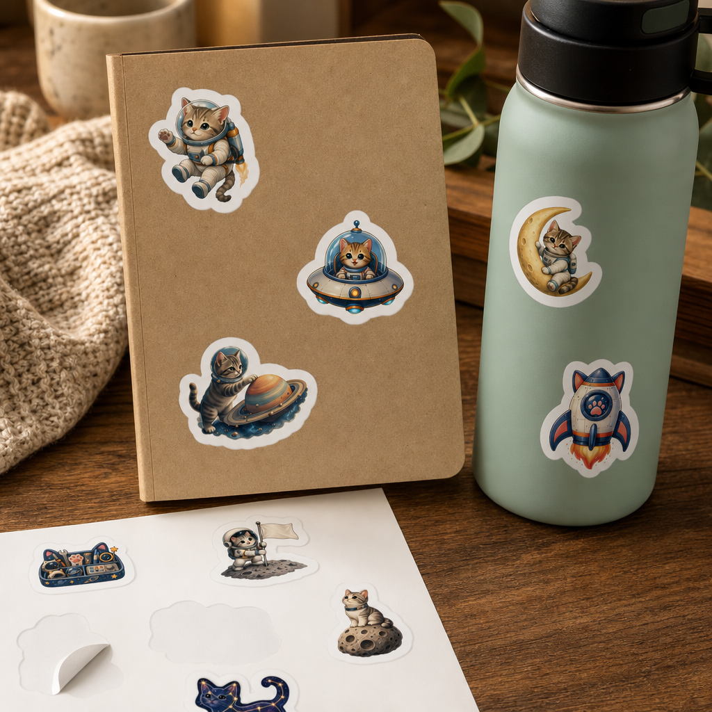 Cat Lover Sticker Sheets Cat Lover Sticker Sheets - Sheet 06 - Space Explorer Cats stickers styling a journal cover and water bottle