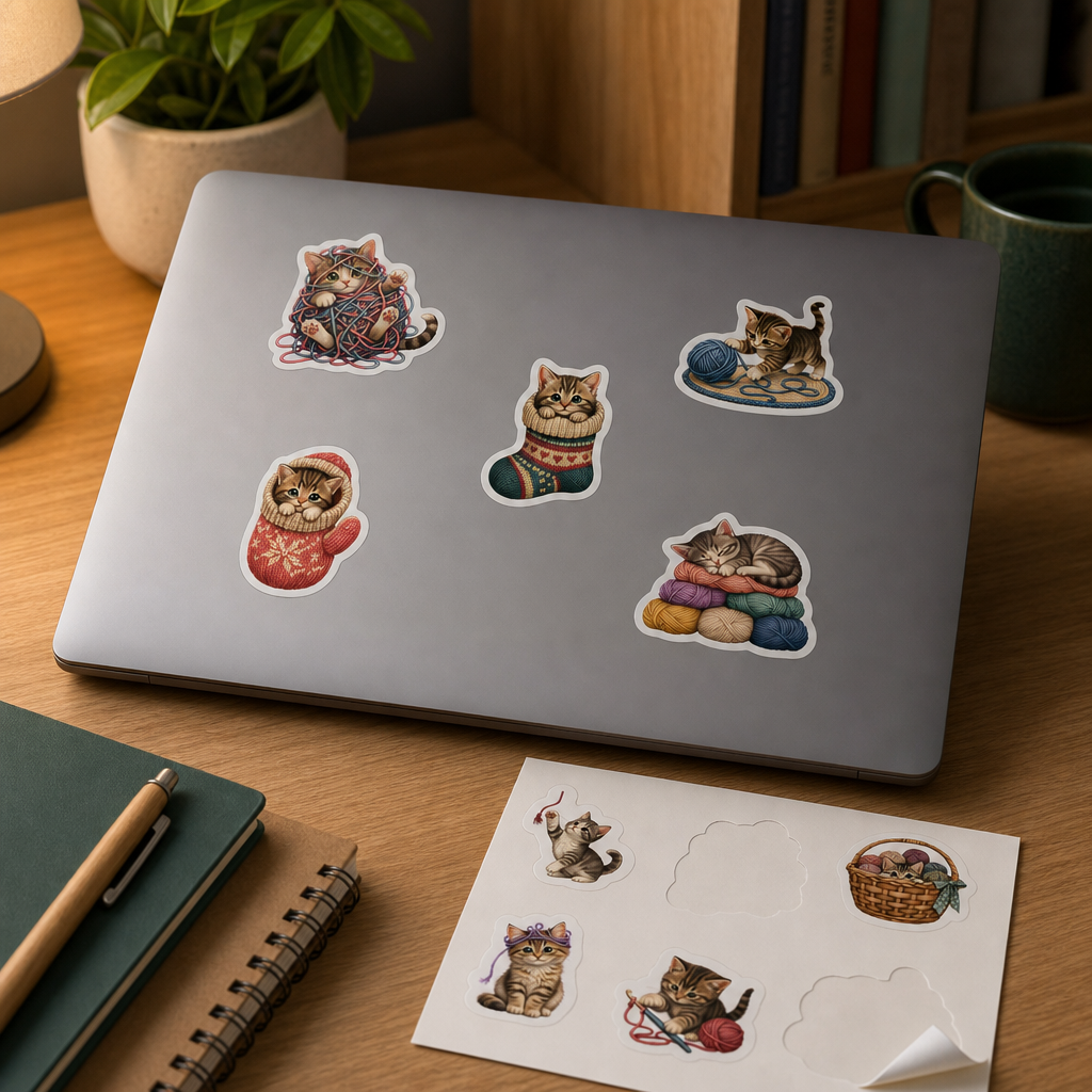 Cat Lover Sticker Sheets Cat Lover Sticker Sheets - Sheet 08 - Yarn And Mischief stickers applied to a laptop lid on a study desk