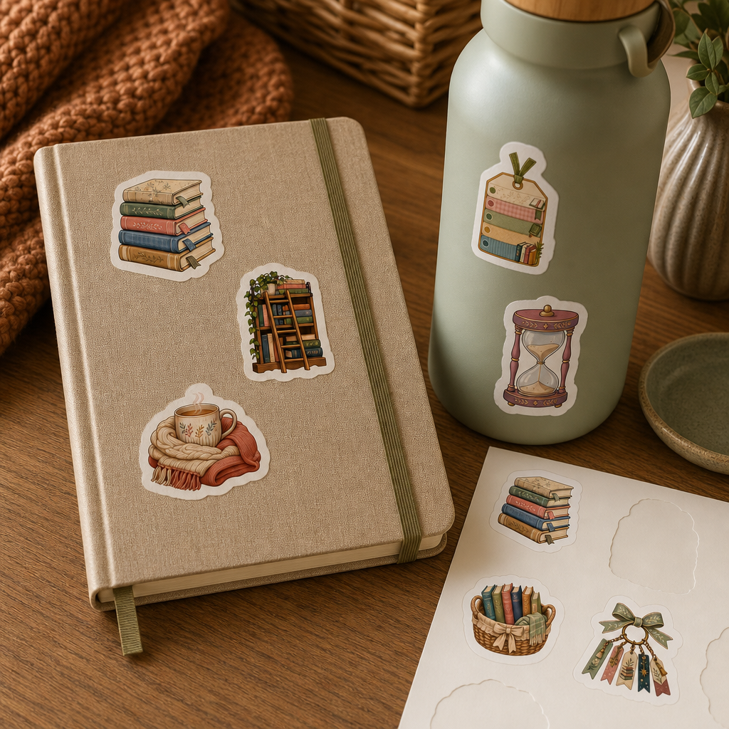 Bookish Reading Sticker Sheets Bookish Reading Sticker Sheets - Sheet 06 - Tbr Shelf stickers styling a journal cover and water bottle
